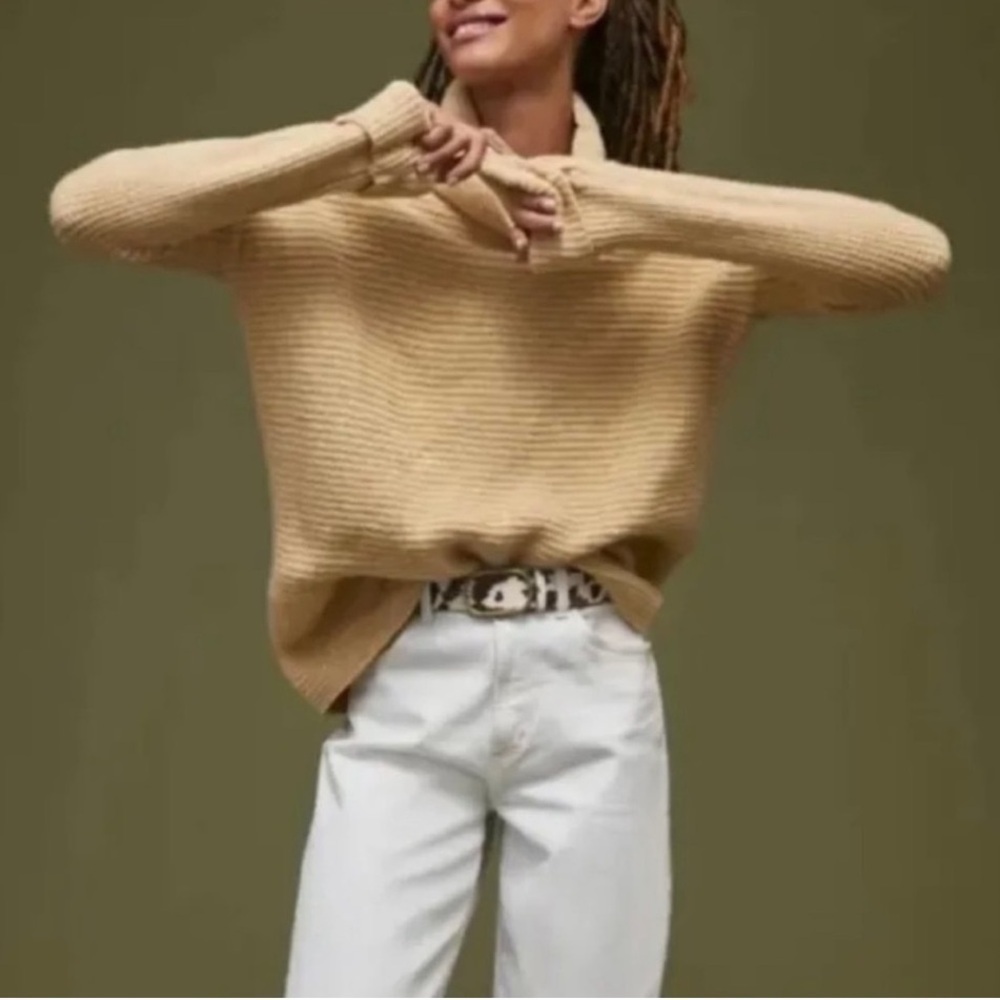 Anthropologie Pilcro Oversized Cowl Neck Knit Sweater Tan Yellow Sz L